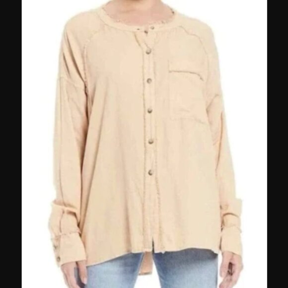 We The Free Shirt Womens Small Beige Keep it Simple Linen Flowy Oversized Coast - Picture 2 of 14